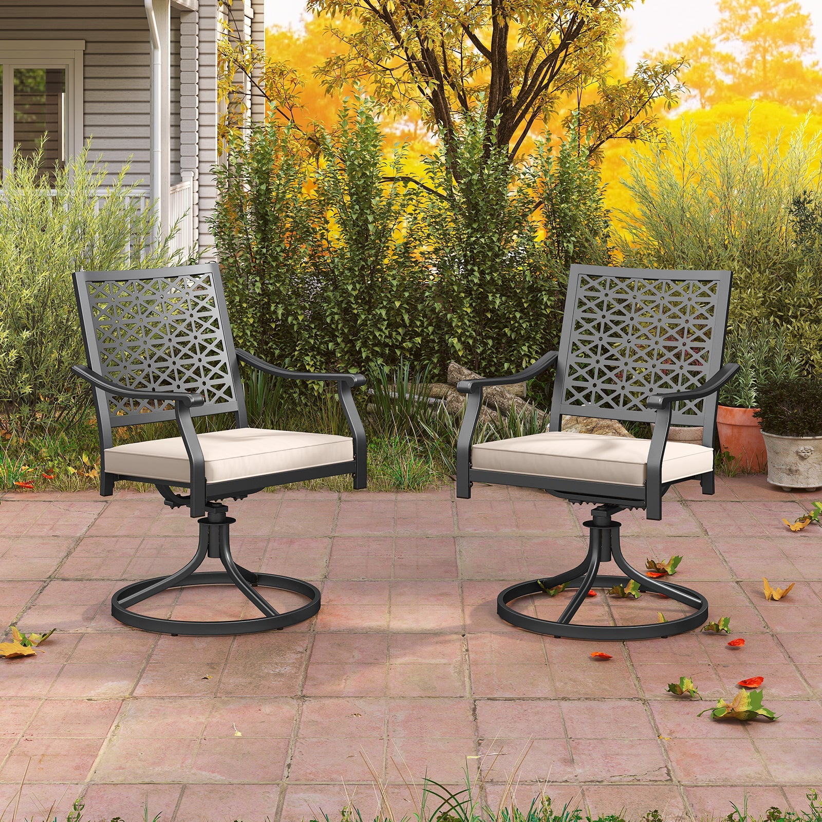 2 Pieces Outdoor Swivel Chairs Patio Dining Chairs with Padded Cushions-Beige