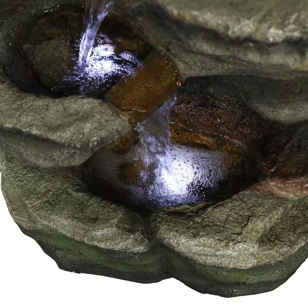 30. 7In. H Resin 6-Tier Cascading Rock Tiered Fountain with LED Lights for Garden and Patio Decor
