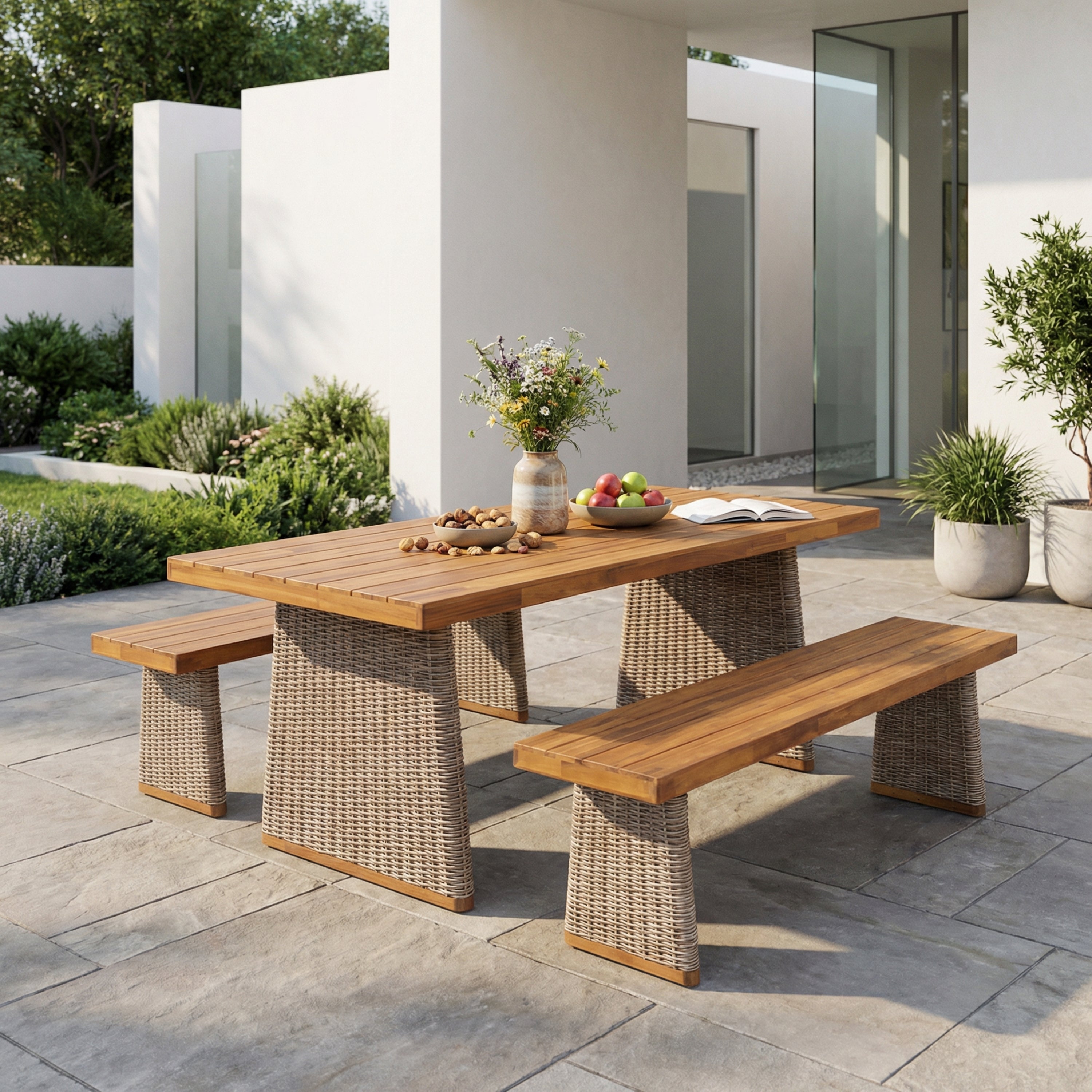 Outdoor 3 Piece Acacia Wood Dining Set with Handwoven Rattan Legs
