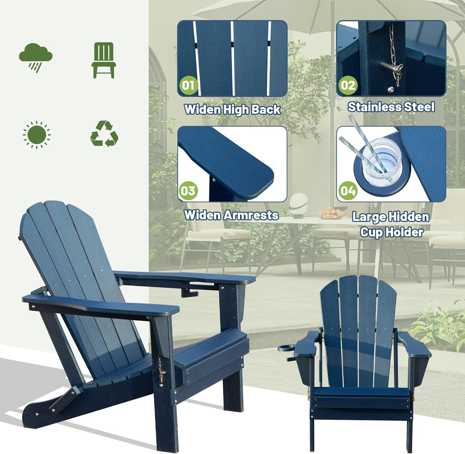 Adirondack Chairs Set of 2 - HDPE Plastic Outdoor Chairs