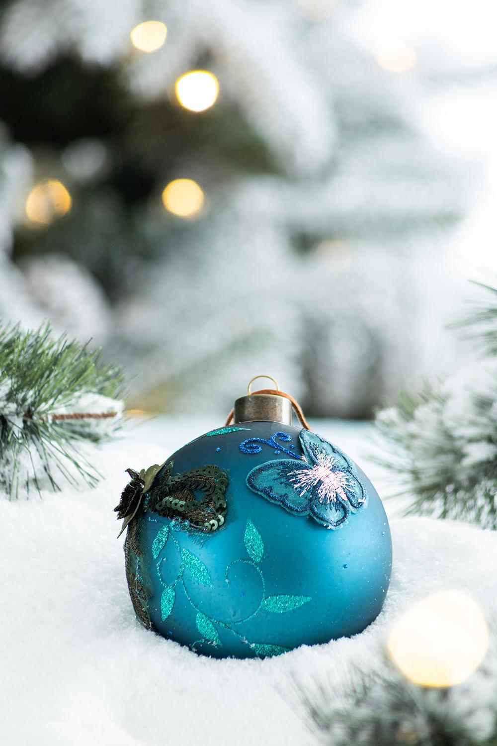 Light Blue Glass Christmas Ball Ornaments with Glitter Details - Set of 4 or 6