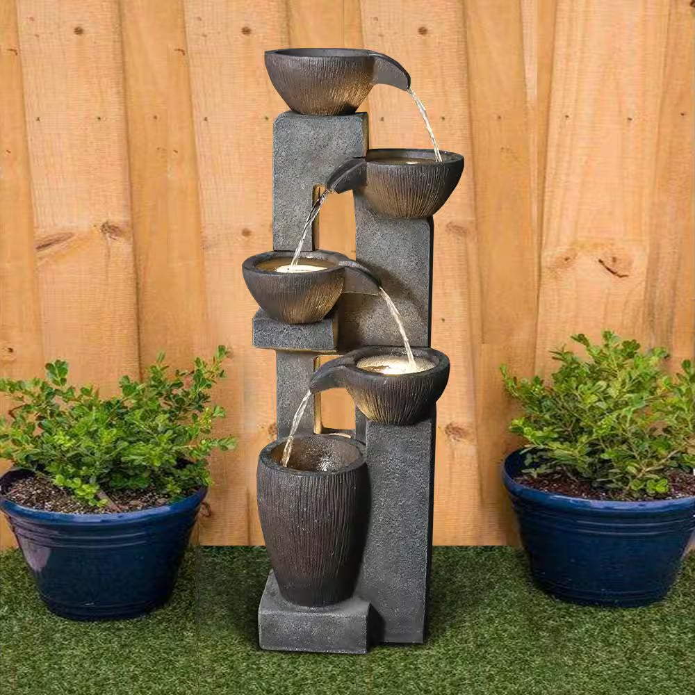5-Tiers Outdoor Water Fountains with LED Lights, 39 In. Floor Standing Waterfall Fountains for Garden, Patio, Porch