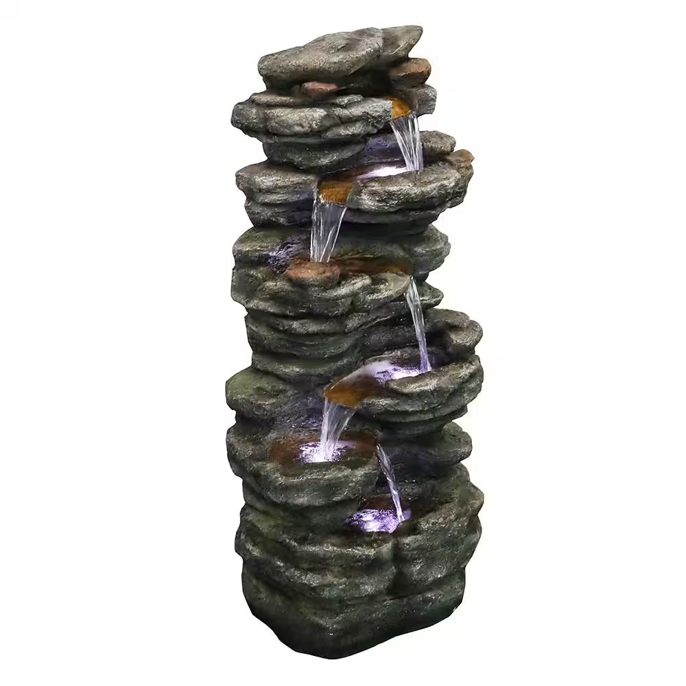40 In. Resin Rockery Outdoor Relaxing Water Fountain, 6-Tier LED Outdoor Waterfall Fountain for Home, Office, Garden