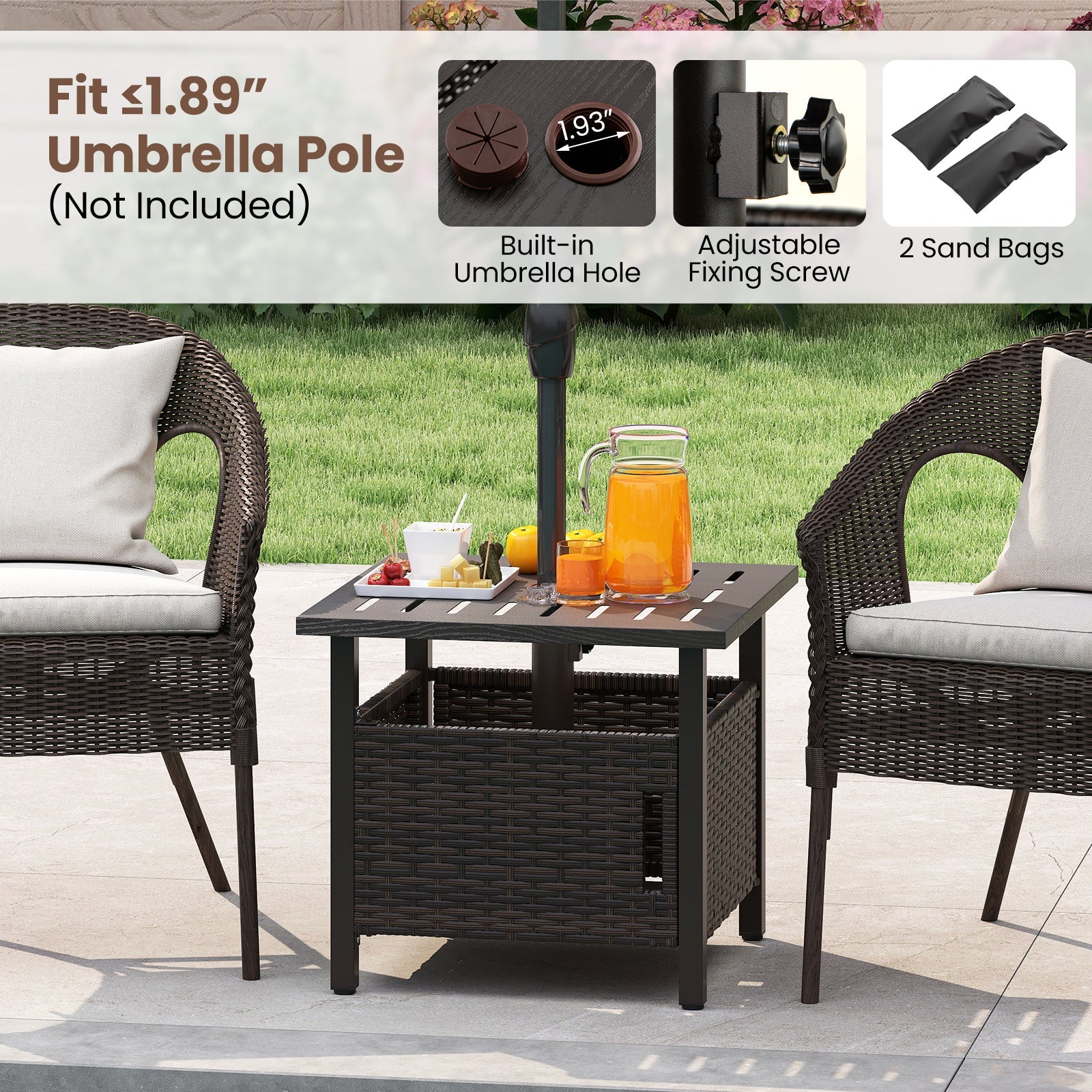 Outdoor Side Table with 1.93" Umbrella Hole All-Weather PE Wicker Patio Umbrella Table-Brown