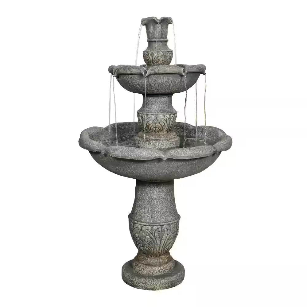 48.4 In. Cement Pedestal Waterfall Fountain - Outdoor Floor 3-Tier Pedestal Water Fountain and Birdbath for Garden, Lawn