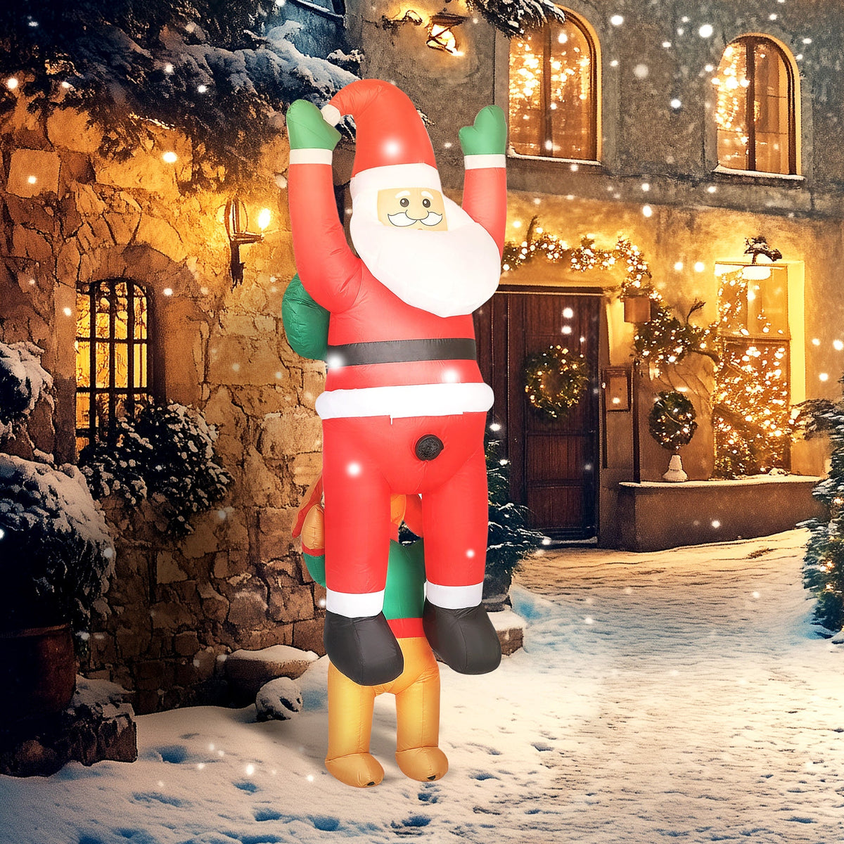 7ft Hanging Christmas Inflatable Santa with Dog with LED Lights - Brown, Green, Red