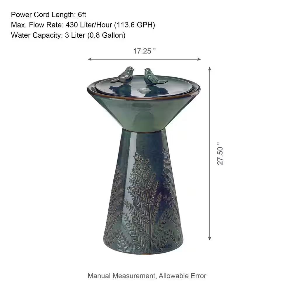 27.5 In. H Turquoise 2 Birds Embossed Plant Pattern Pedestal Ceramic Fountain with Pump and LED Light (KD)