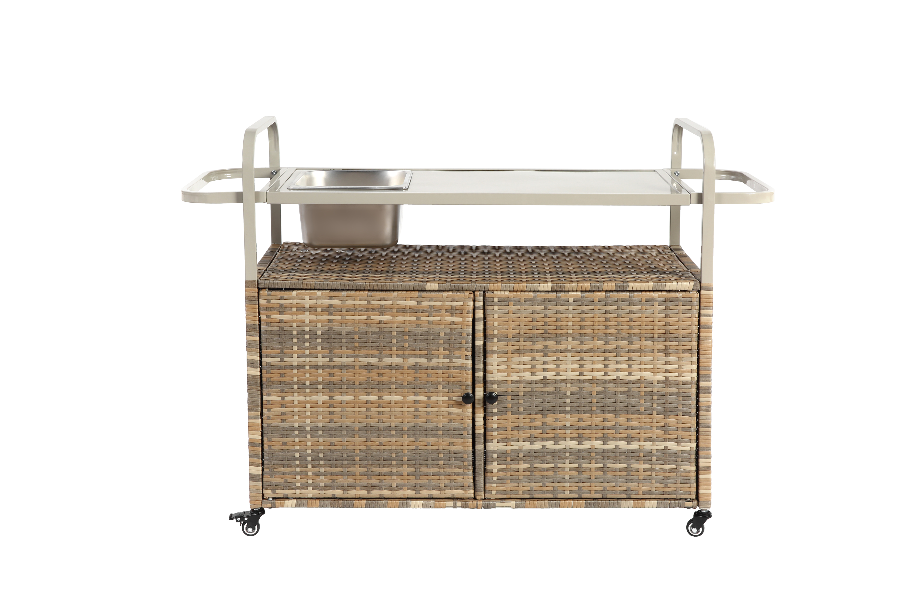 Outdoor Bar Table with Wicker Cabinet and Steel Top