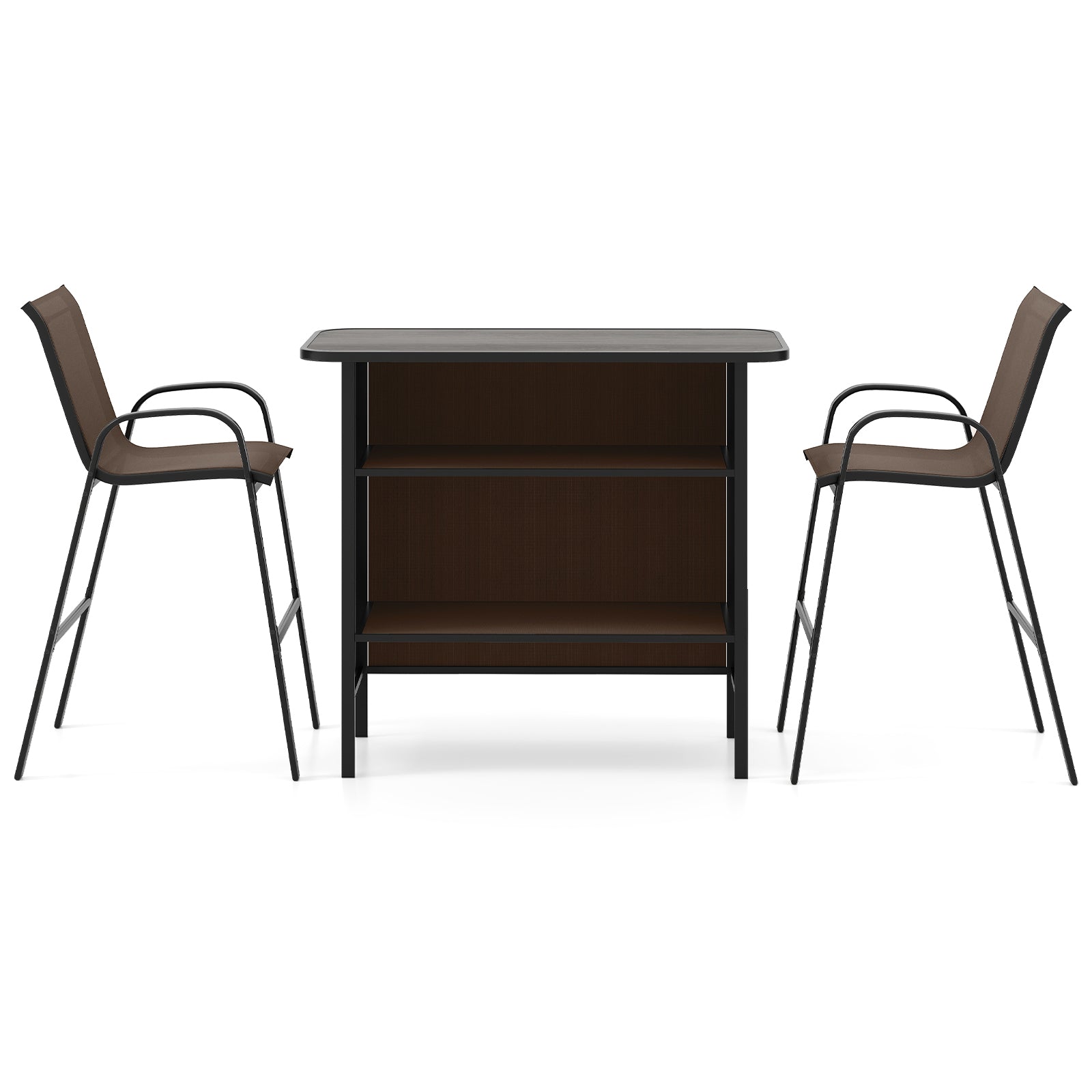3 Piece Outdoor Bar Set with Footrest and 2-Tier Shelf