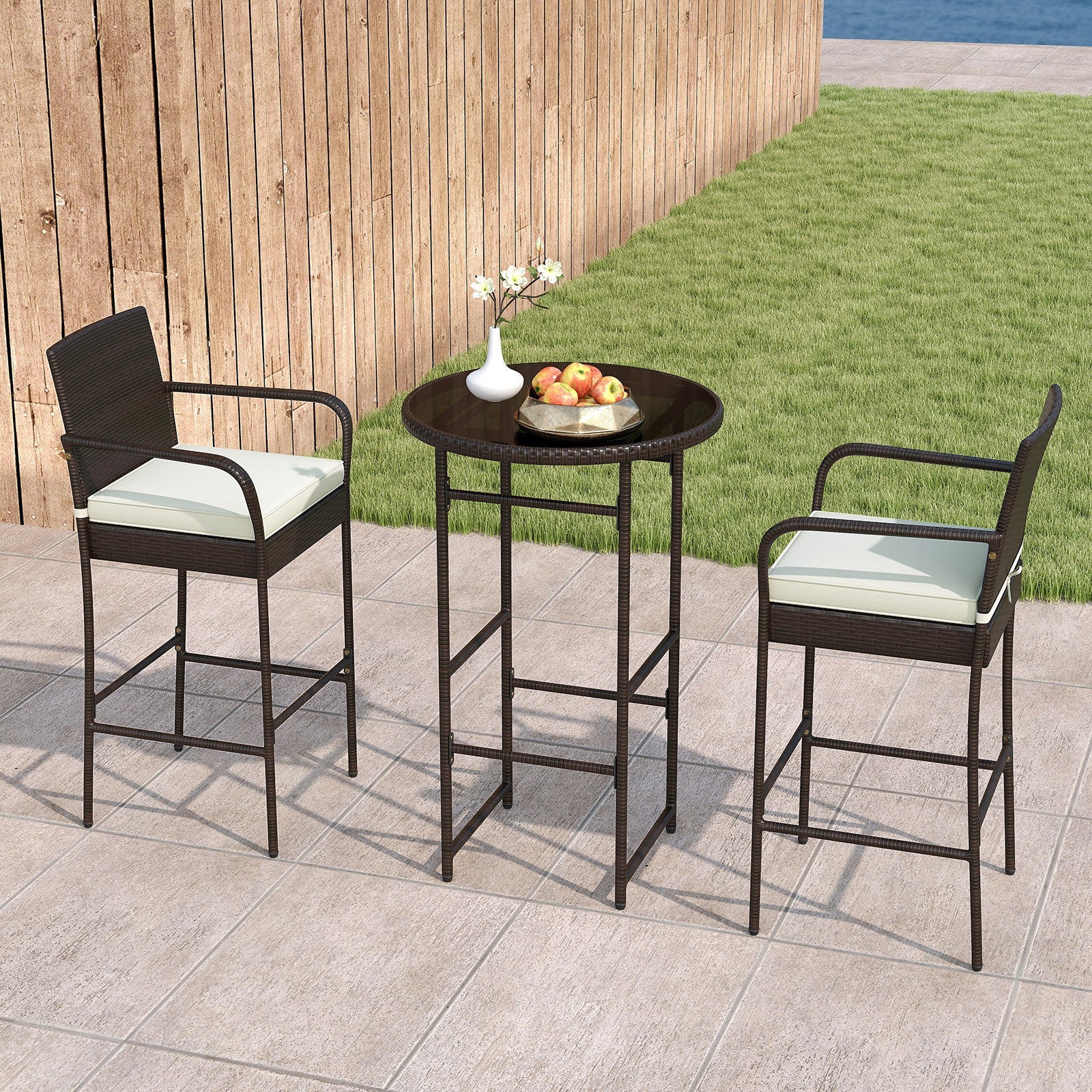 3 Piece Outdoor Bar Set with 2 Seat Cushions for Porch Yard-White