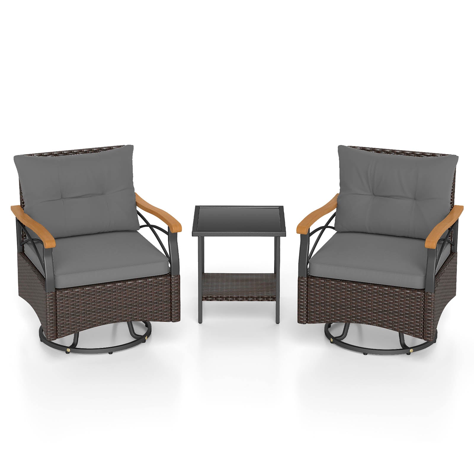 3 Piece Outdoor Swivel Chair Set with Tempered Glass Side Table