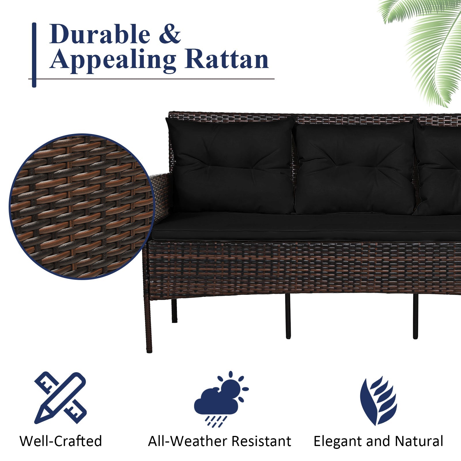 3 Pieces Patio Furniture Sectional Set with 5 Cozy Cushions-Black
