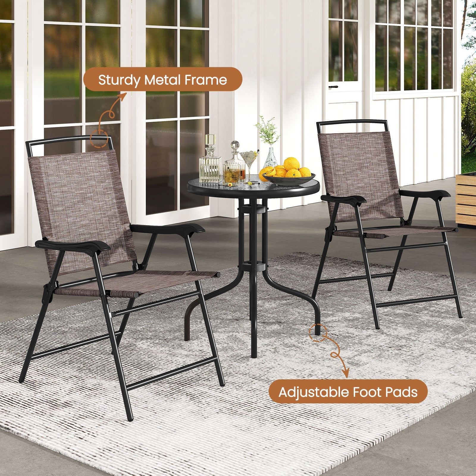 3 Pieces Patio Round Table and Folding Chairs Set with Rippled Tempered Glass Tabletop