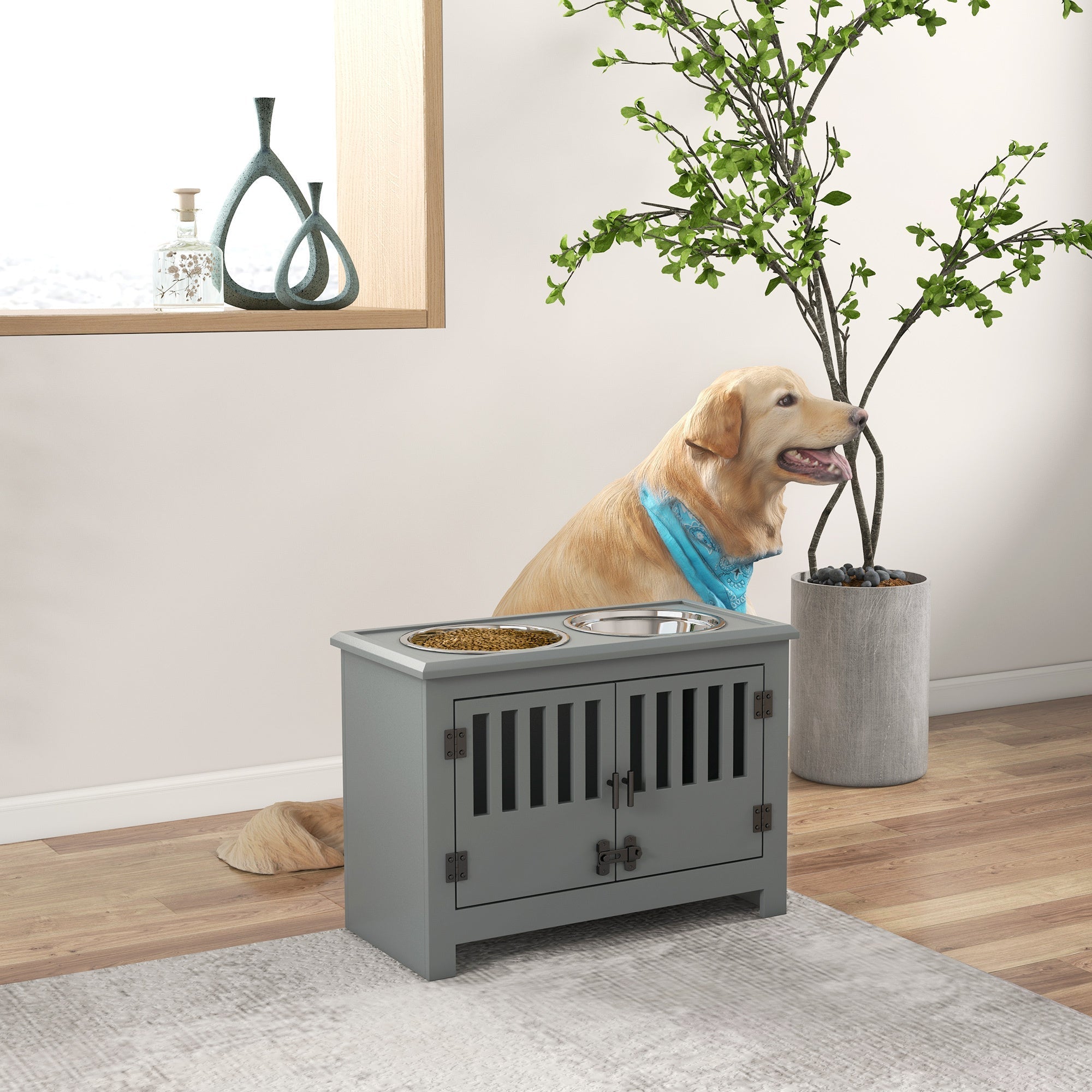 PawHut Large Elevated Dog Bowls with Storage Cabinet