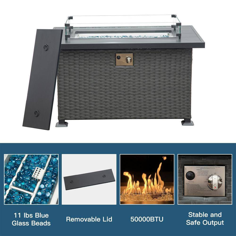 Dark Gray 43.3 In. Fire Pit Table with Glass Wind Guard Outdoor Wicker Gas Fire Pits for Patio Smokeless Fire Pits
