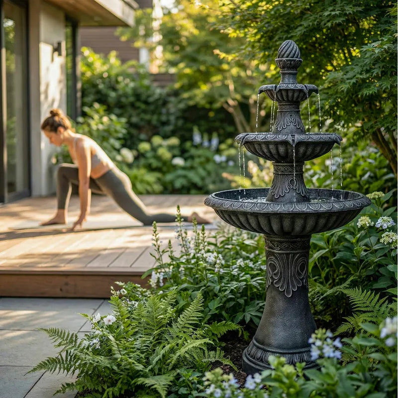 51.51In Vintage Carved 3 Tier Fountain Classic European Outdoor Water Feature with Dual Tier Light Rings ETL Certified Pump