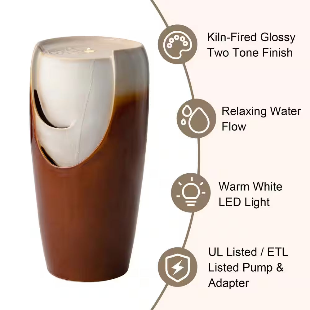 29.25 In. H Outdoor Oversized Sand Beige and Brown Glaze Ceramic Pot Water Floor Fountain with LED Light