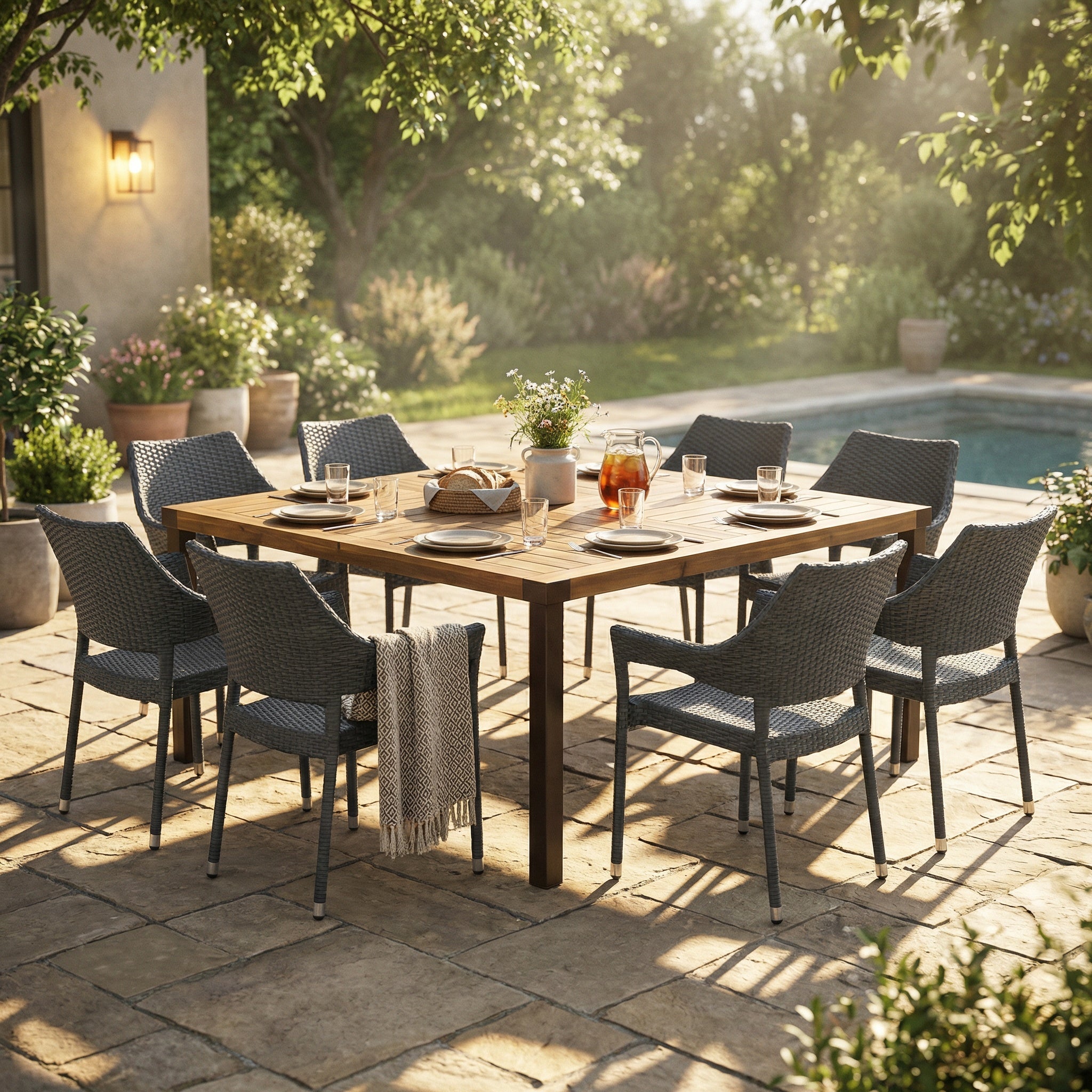 9 PCS Outdoor Dining Set with 64" Solid Wood Table and Chairs
