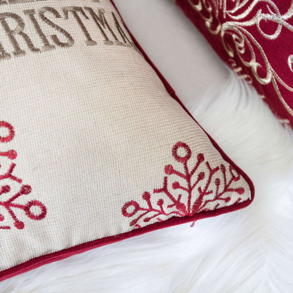 Merry Christmas Embroidered Poly Linen Throw Pillow with Festive Motifs - Red and Silver