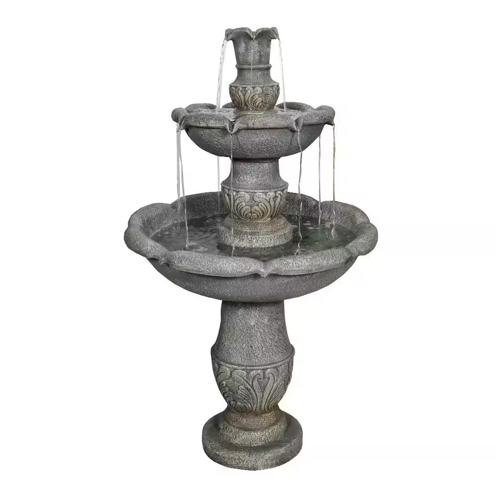 48.4 In. Cement Pedestal Waterfall Fountain - Outdoor Floor 3-Tier Pedestal Water Fountain and Birdbath for Garden, Lawn