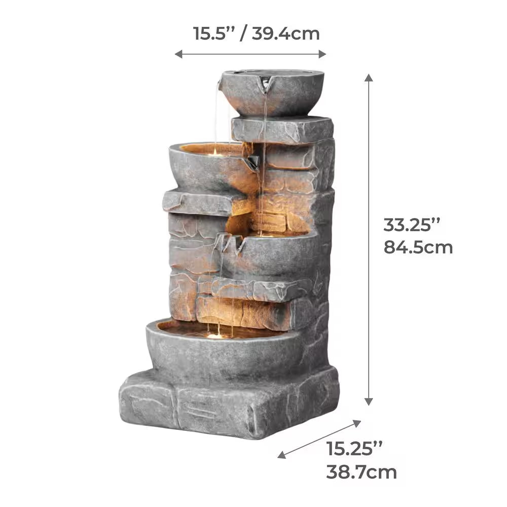 Zen Garden 33 In. Stone-Texture Polyresin Cascading Waterfall Fountain with LED Lights