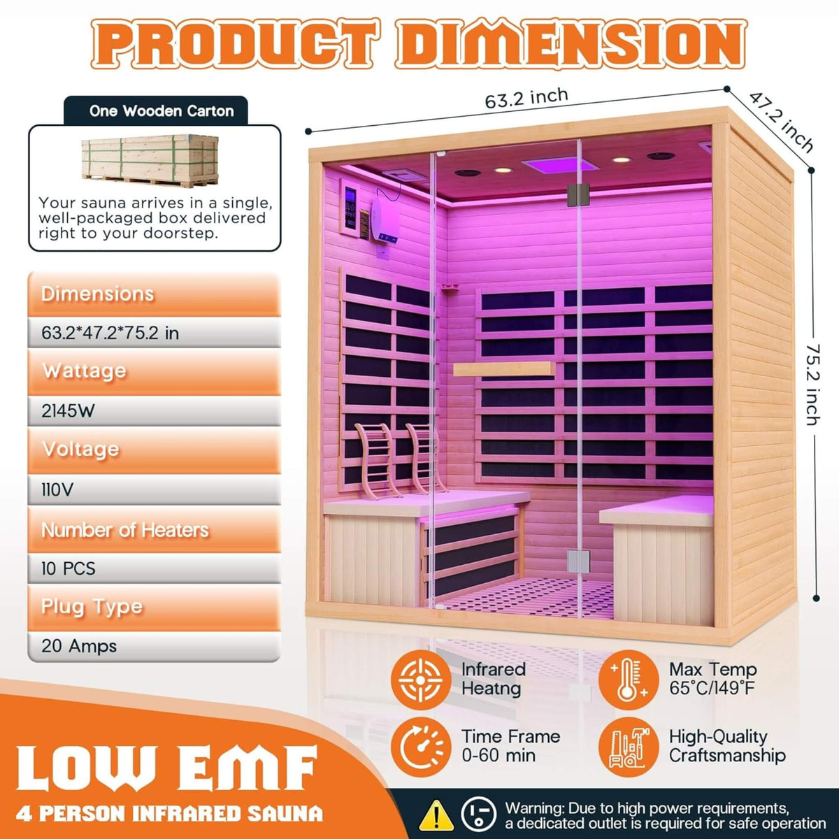 Seville 4-Person Low EMF Canadian Hemlock Infrared Sauna With Bluetooth