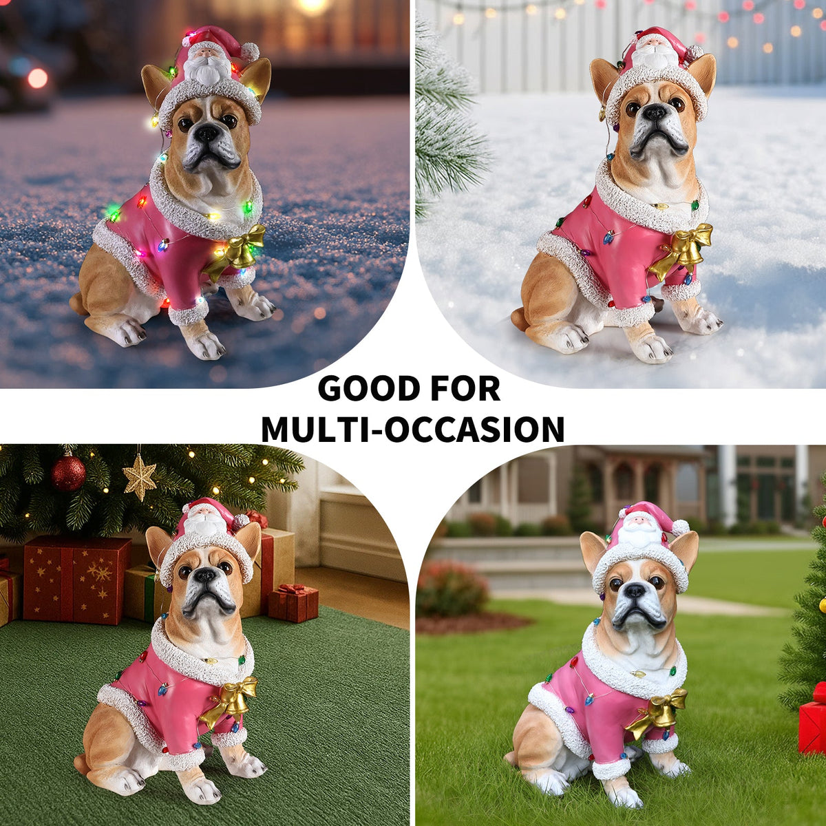 Christmas French Bulldog Statue with Pink Santa Outfit - Resin