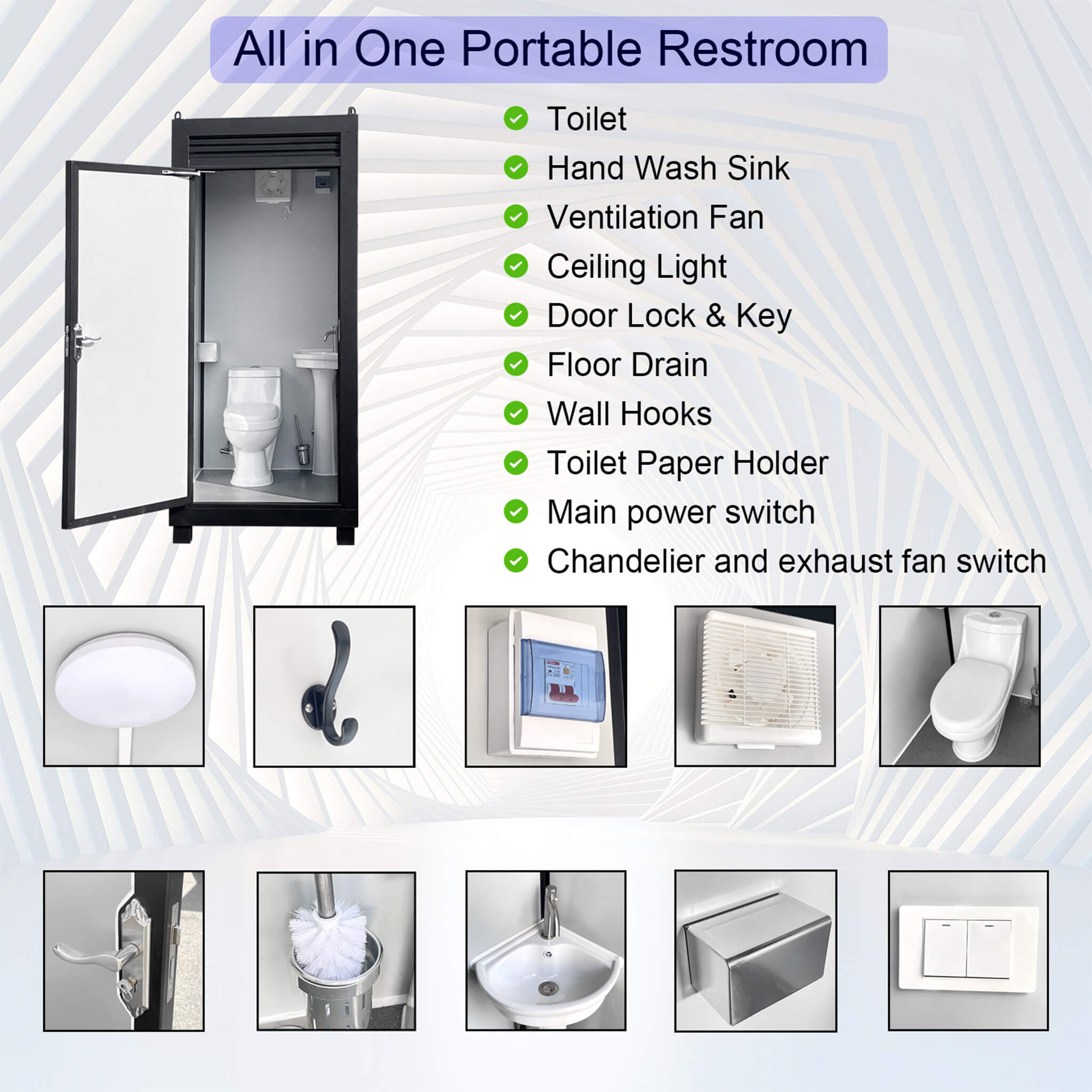 42-Inch One-Person Portable Outdoor Toilet Cabin With Light, Sink And Vent Fan
