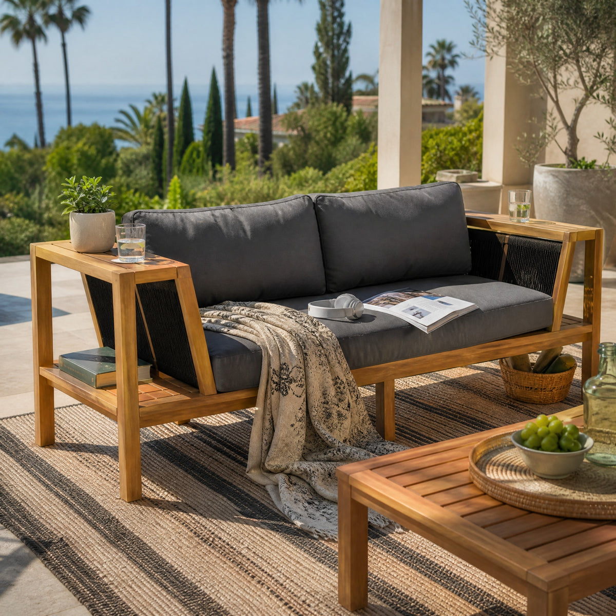 Teak Finish Acacia Wood Outdoor Daybed Sofa Set with