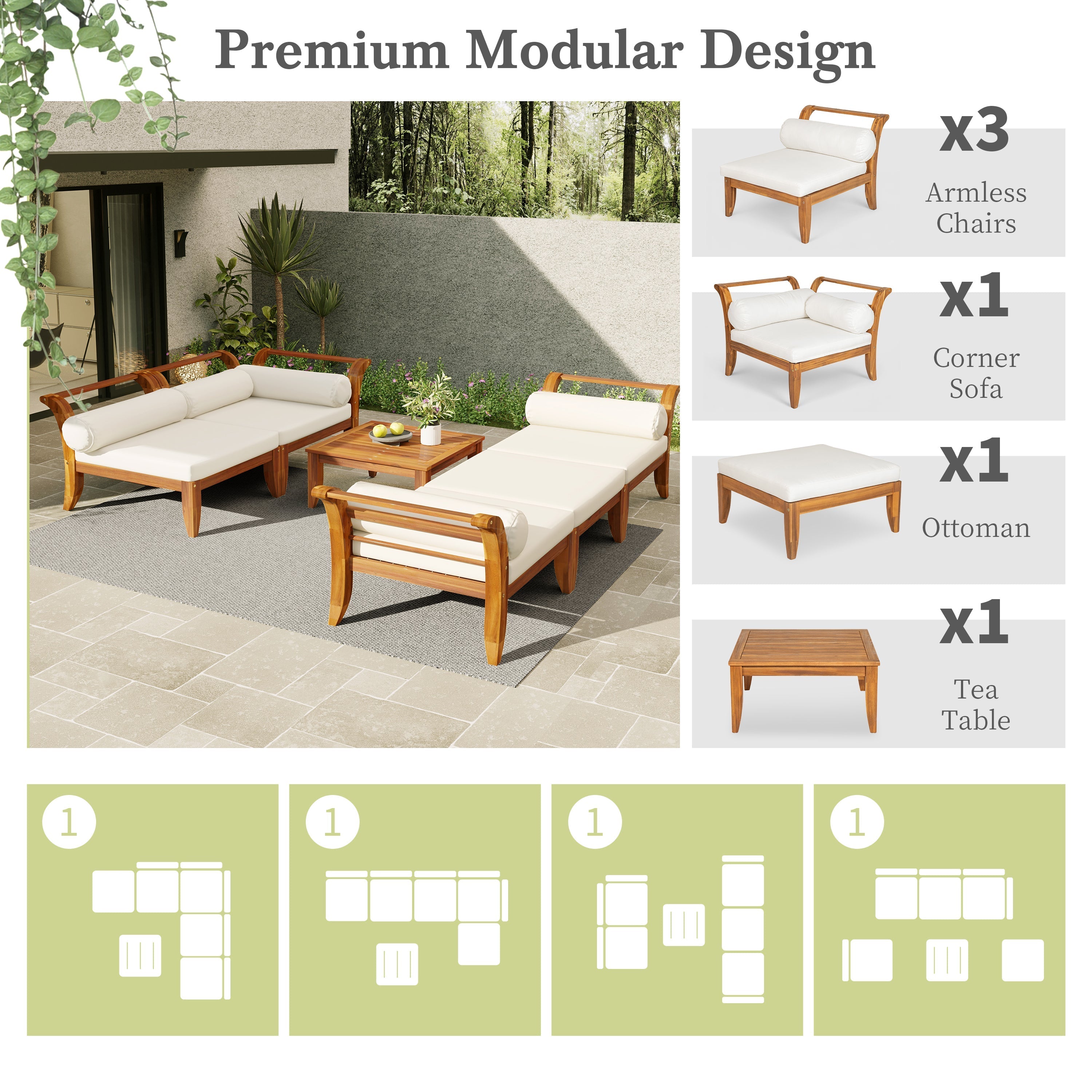 6 Piece Acacia Wood Outdoor Modular Sectional with Daybed and Tea Table