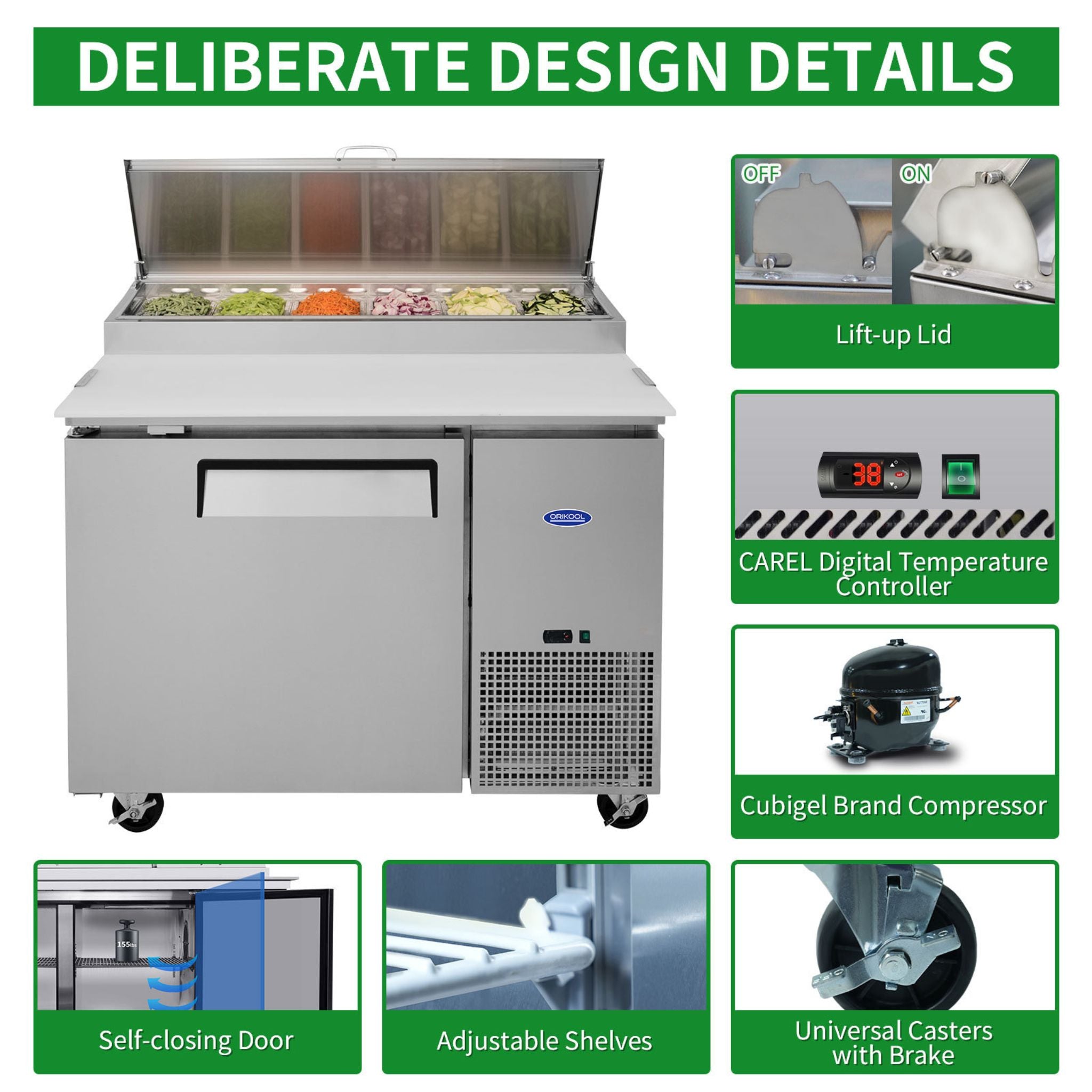 44-Inch Commercial Pizza Prep Table With Built-In 11 Cu.Ft Refrigerator