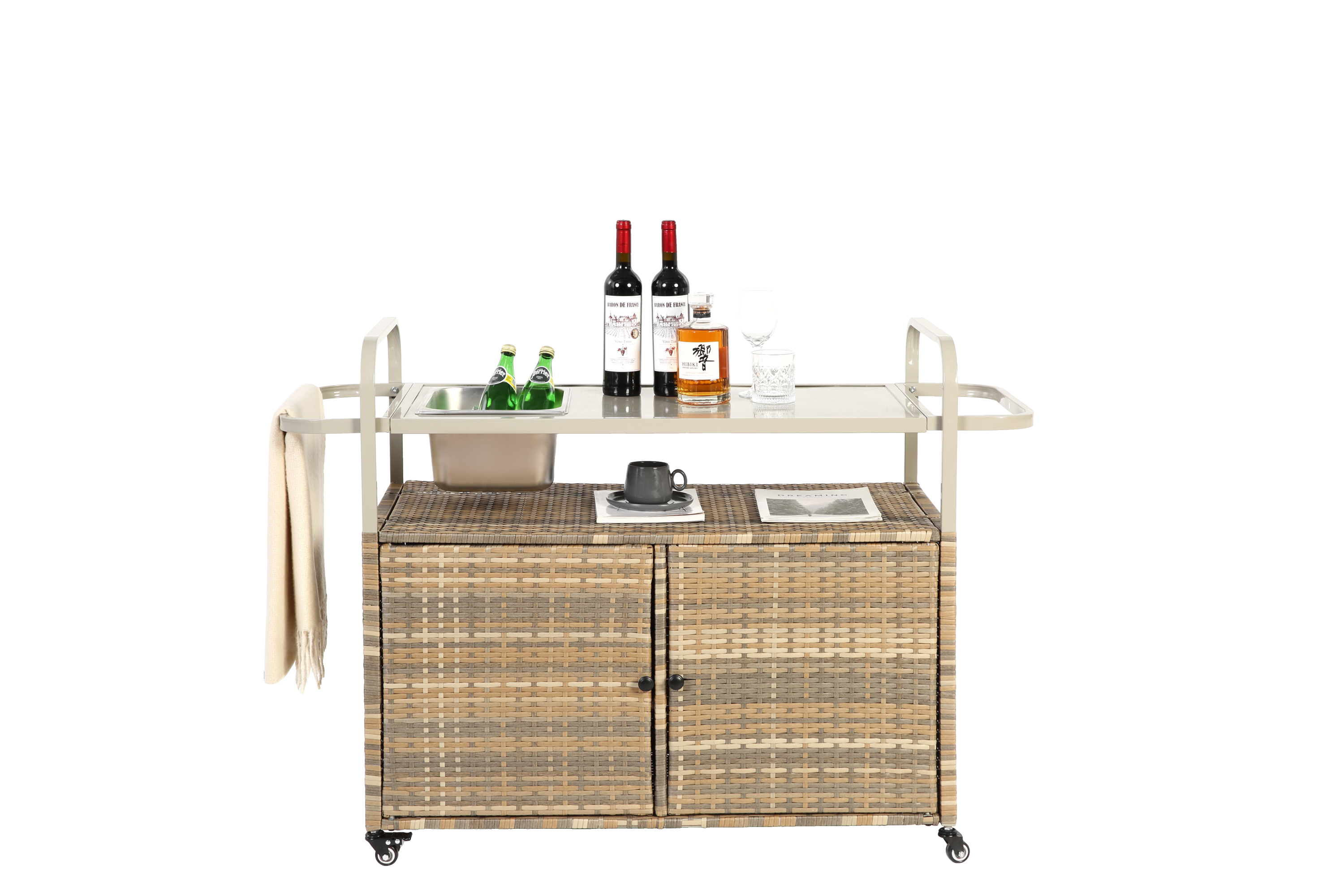 Outdoor Bar Table with Wicker Cabinet and Steel Top