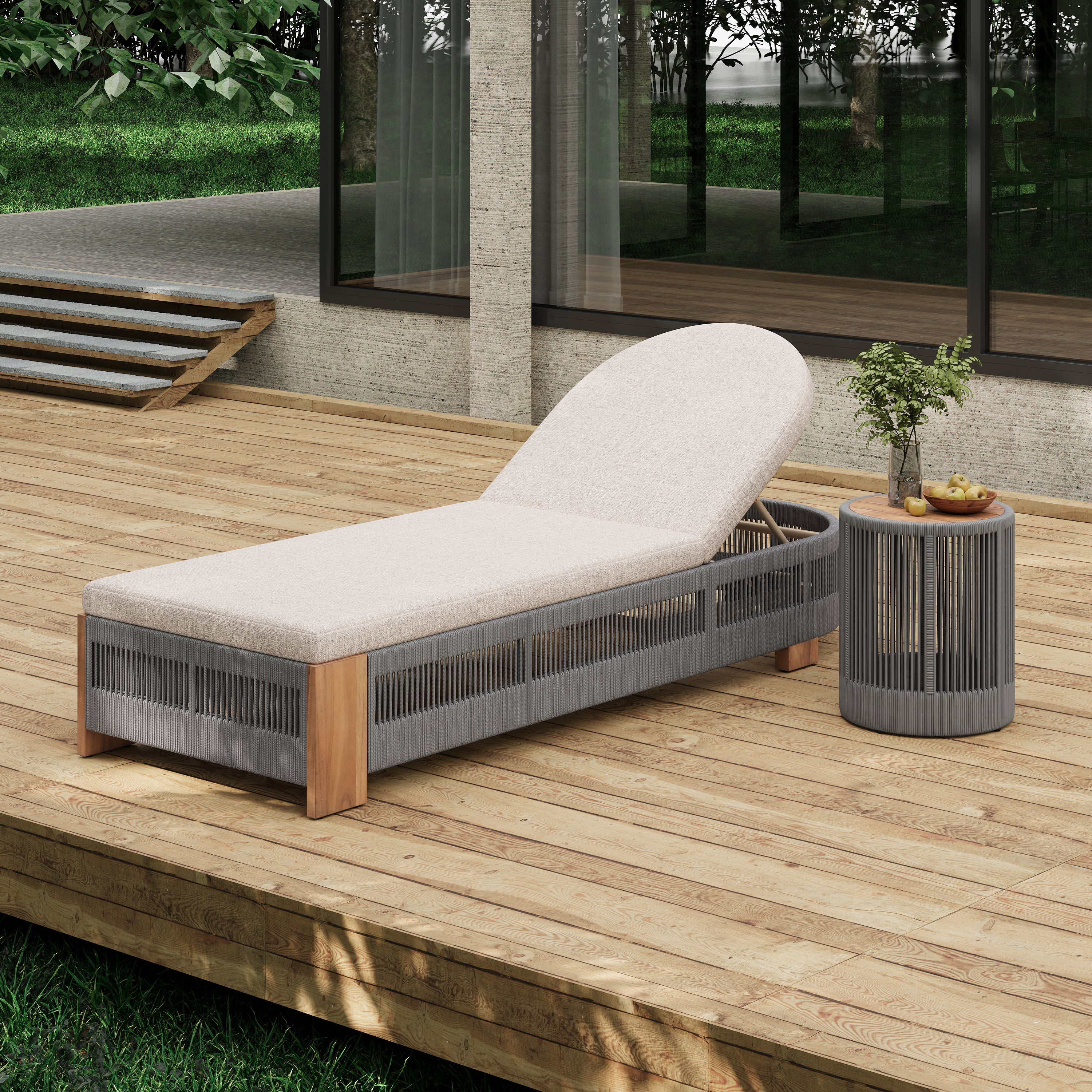 Outdoor Rope Chaise Lounge Set, Patio Lounge Chairs with Teak Look Wood Side Table