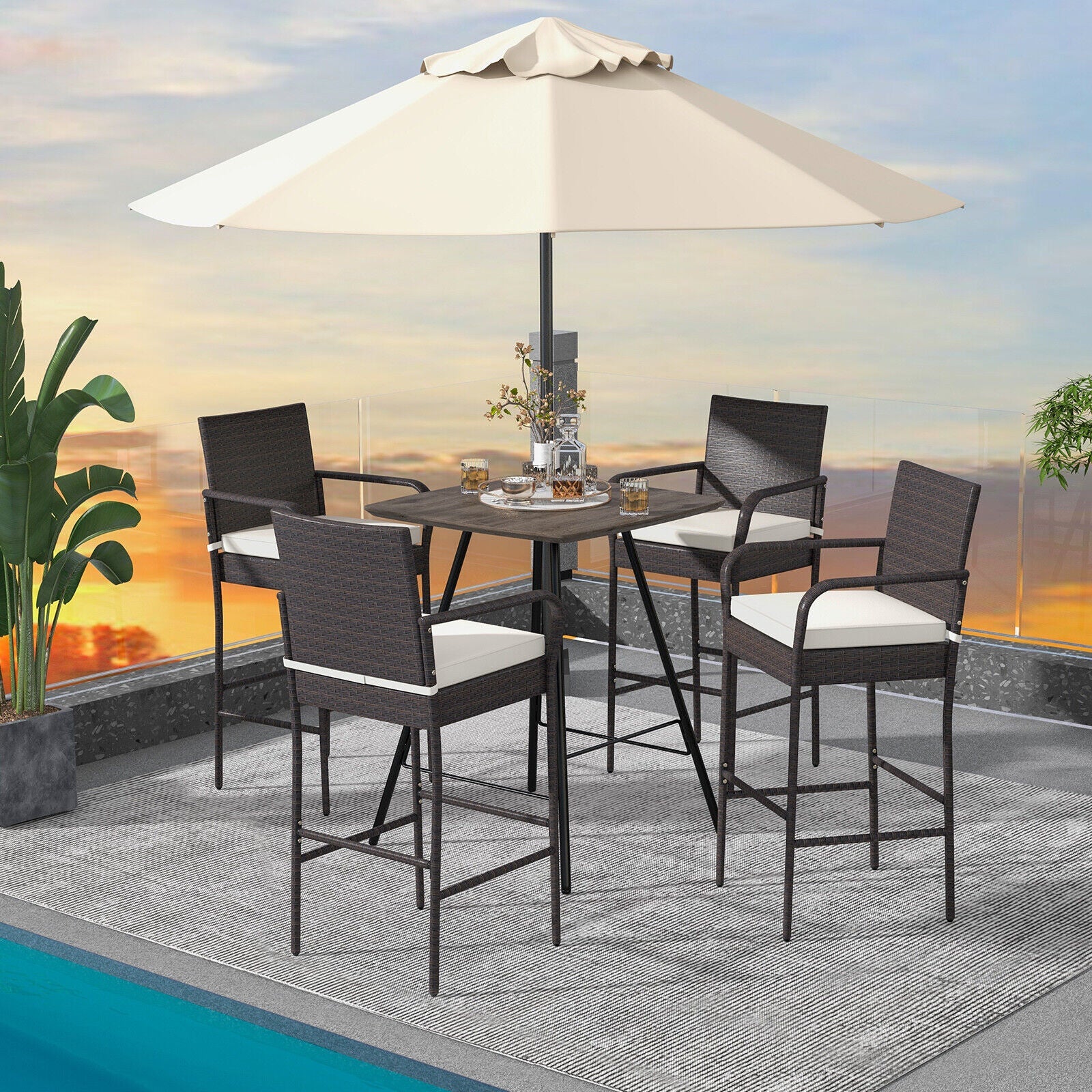 2/4 Pieces Outdoor PE Rattan Cushioned Barstool Set with Armrests-Set of 4