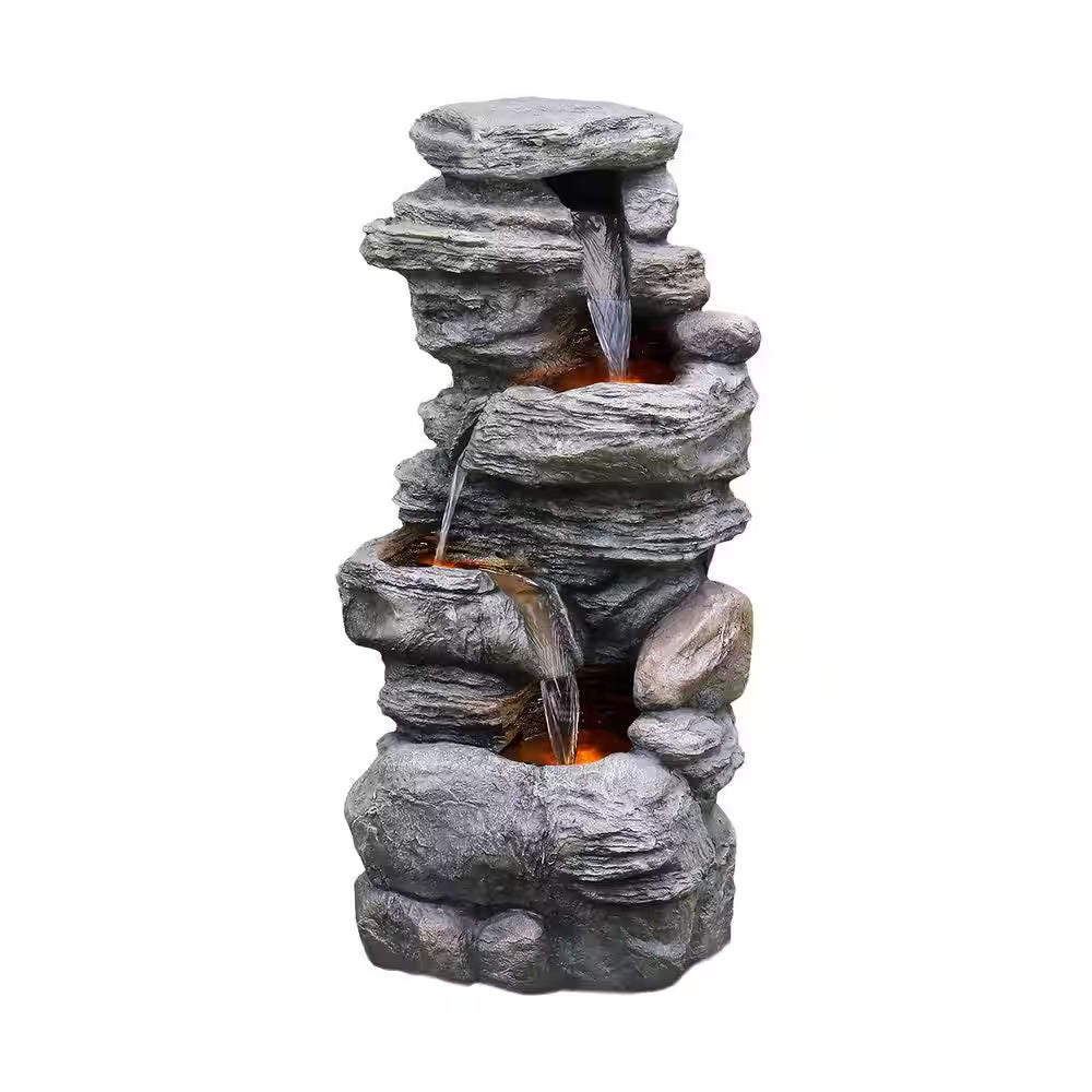 39.37 In. 4-Tier Outdoor Faux Stacked Stone Gray Tiered Water Fountain with LED Lights and Pump