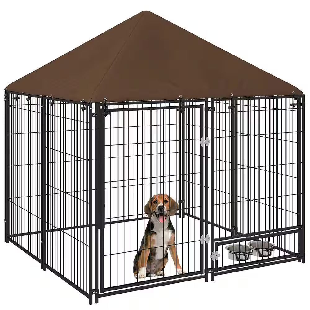 59.5 In. H Metal Garden Fence Outdoor Dog Kennel with Canopy and Rotating Bowl