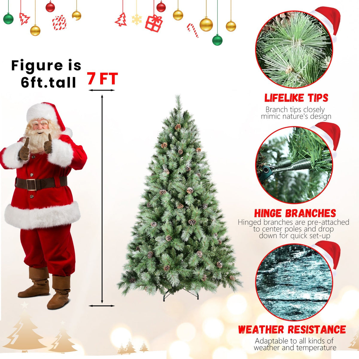8 Ft Full-Bodied Pre-Decorated Pinecone Christmas Tree with Pine Cones - Green