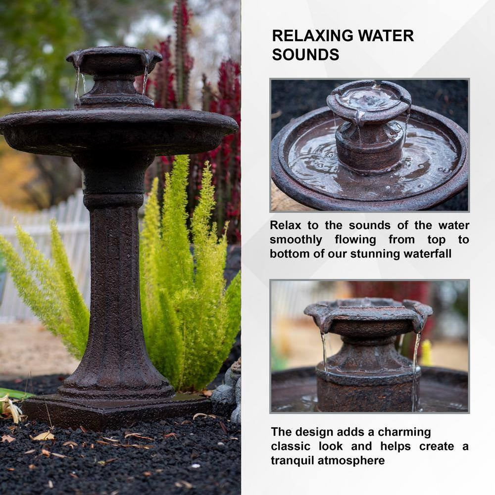28 In. H Tiered Freestanding Classic Bird Bath Outdoor Water Fountain W/Auto Shut-Off Pump, Brown