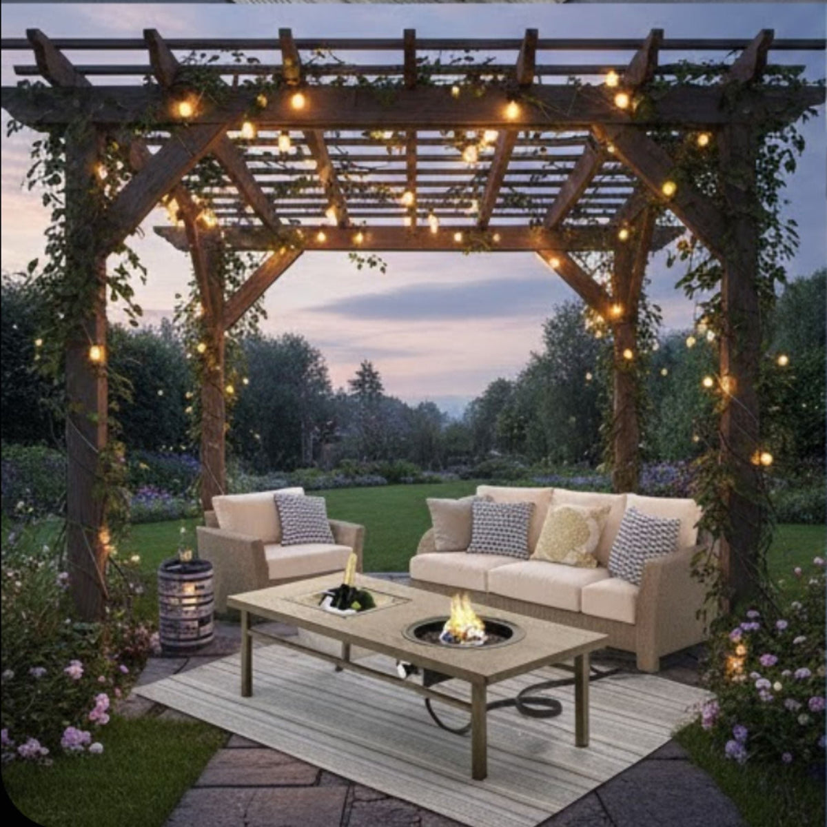 3 In 1 Outdoor Propane Fire Pit Table with Ice Bucket - Beige