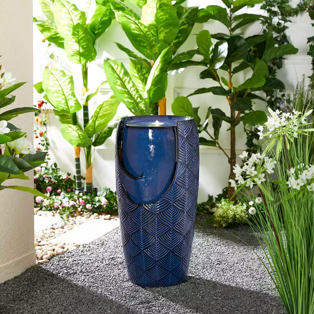 29.25 In. H Outdoor Oversized Cobalt Blue Scale-Like Textured Glaze Ceramic Pot Floor Fountain with LED Light
