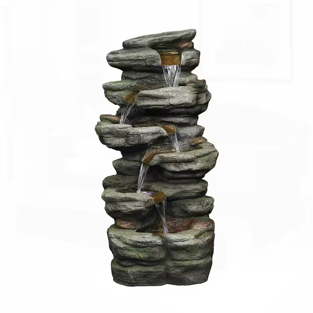 30. 7In. H Resin 6-Tier Cascading Rock Tiered Fountain with LED Lights for Garden and Patio Decor