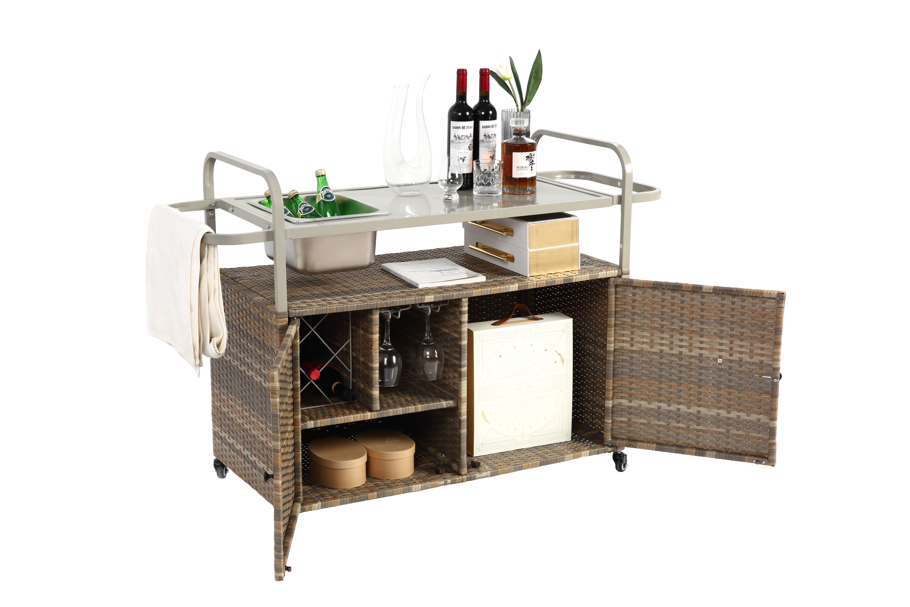 Outdoor Bar Table with Wicker Cabinet and Steel Top