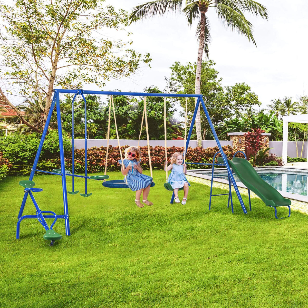 5-In-1 Heavy-Duty Outdoor A-Frame Swing Set With Saucer, Swing, Slide, Seesaw, Glider, And Swing Seat