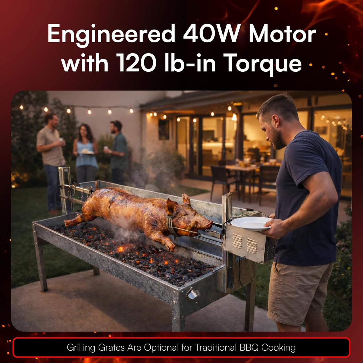 52-Inch Stainless Steel Charcoal Rotisserie Spit Roaster With Wind Shield