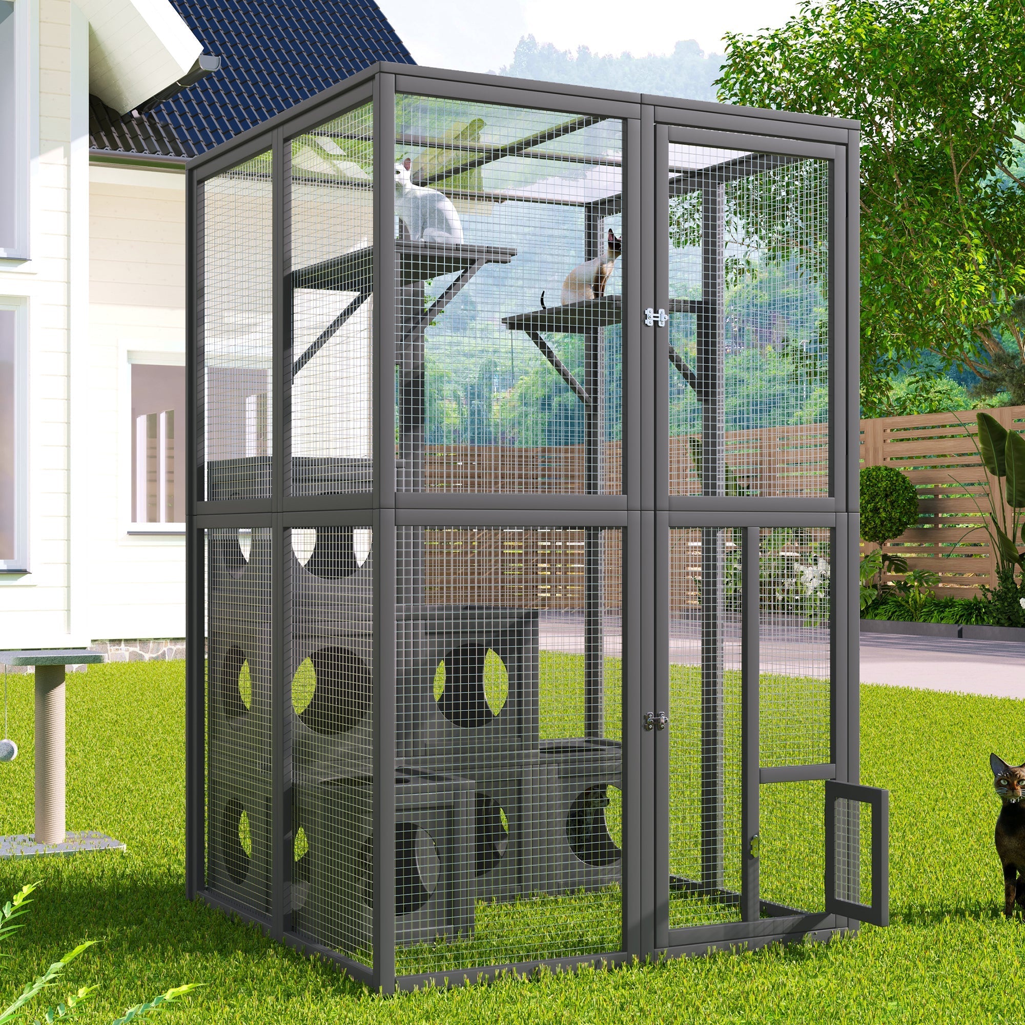 Grey Pine Wood Outdoor Cat House with Shelves and Weather Protection