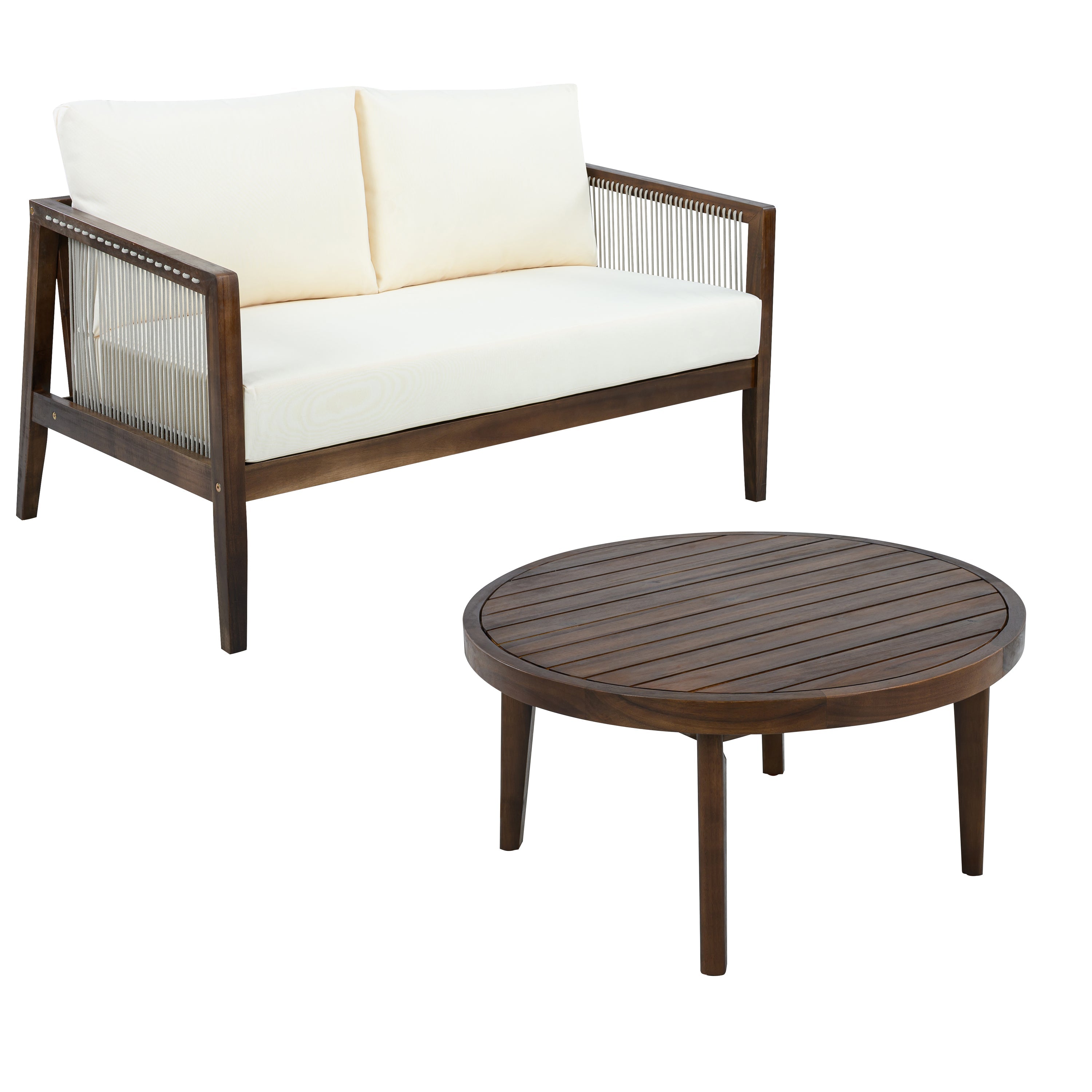 Outdoor Loveseat and Coffee Table Set, Acacia Wood Frame with Rope Detail