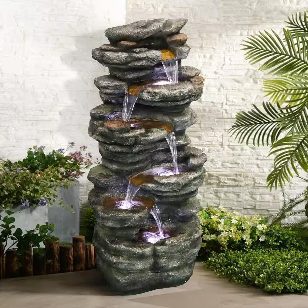 40 In. Resin Rockery Outdoor Relaxing Water Fountain, 6-Tier LED Outdoor Waterfall Fountain for Home, Office, Garden