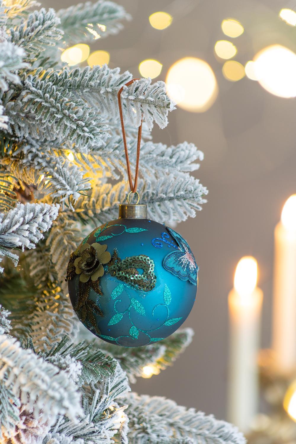 Light Blue Glass Christmas Ball Ornaments with Glitter Details - Set of 4 or 6