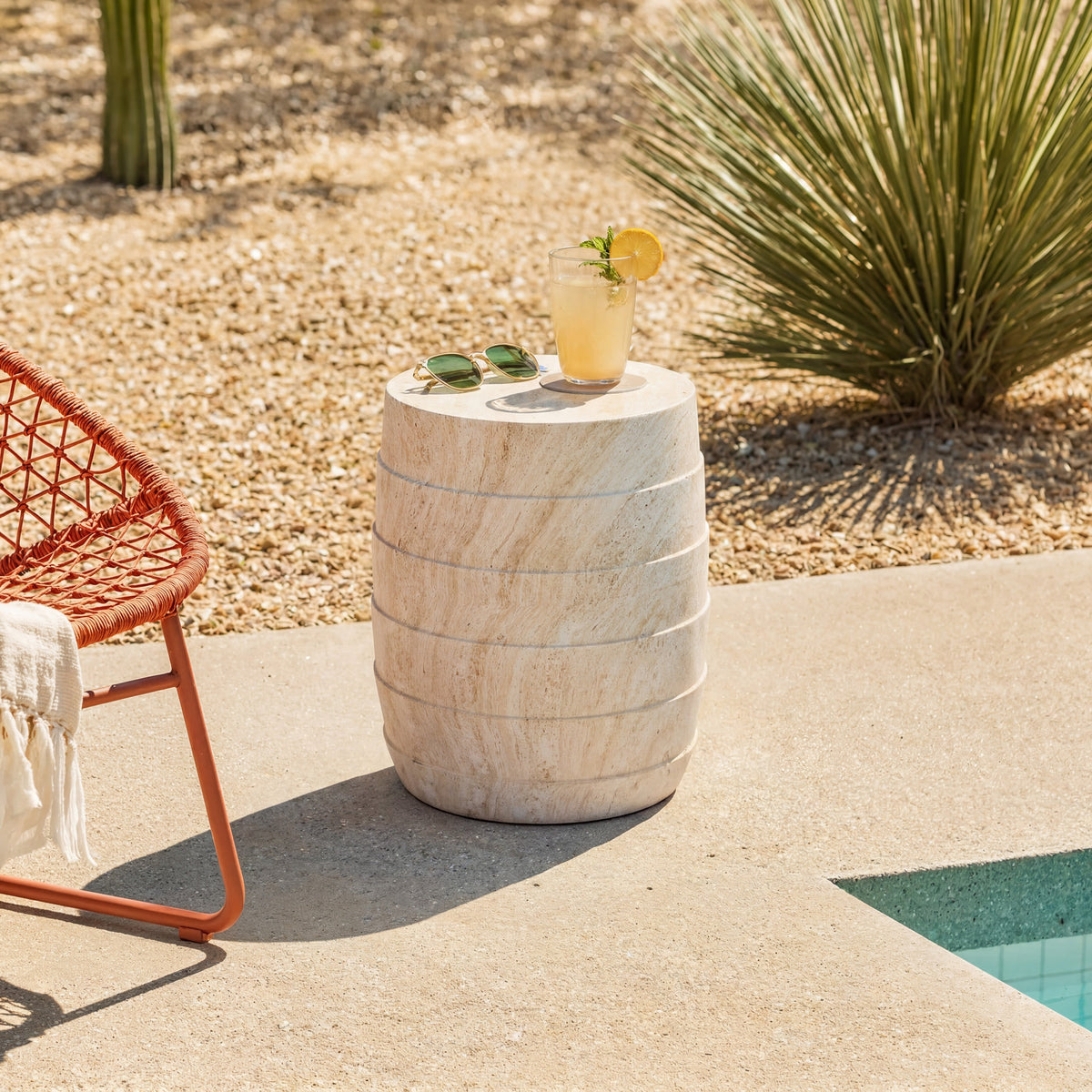 Modern Cylindrical Travertine-Look Outdoor Side Table with Ribbed Texture - Light Beige