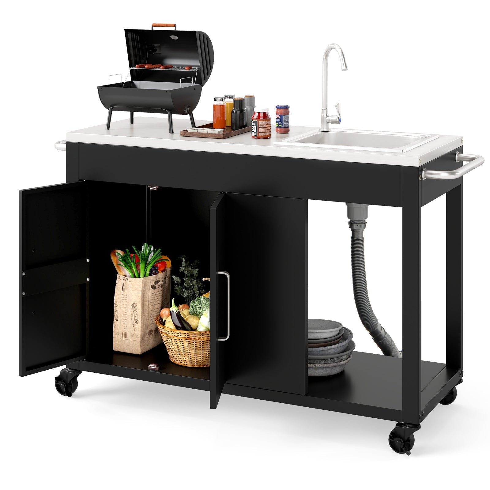 56 Inches Outdoor Grill Table with Sink and Stainless Steel Top-Black